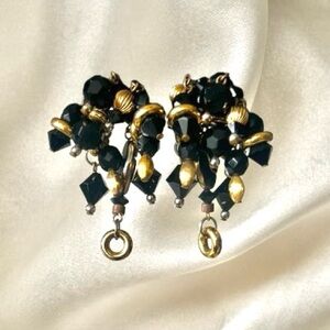 Vintage Black Crystal Cluster Dangle Earrings Gold Tone Statement